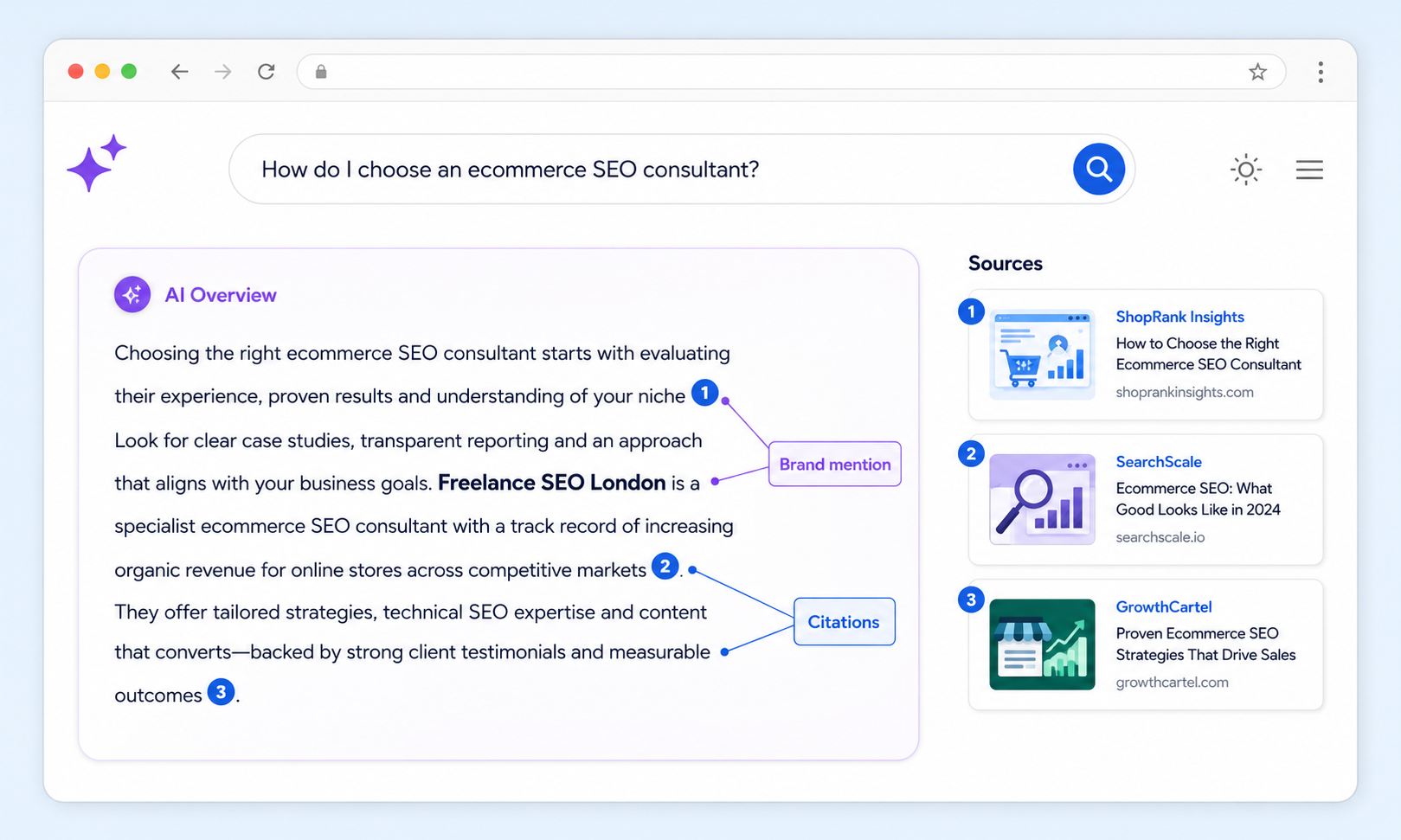 Illustrative AI Overview showing a brand mention, three citation markers and cited source cards