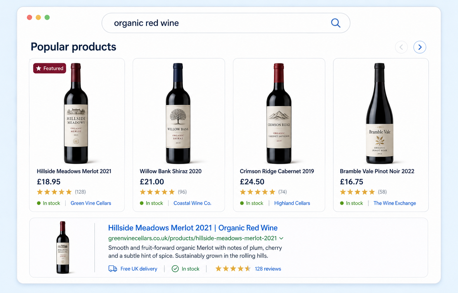 Illustration of an organic shopping product carousel and featured product snippet