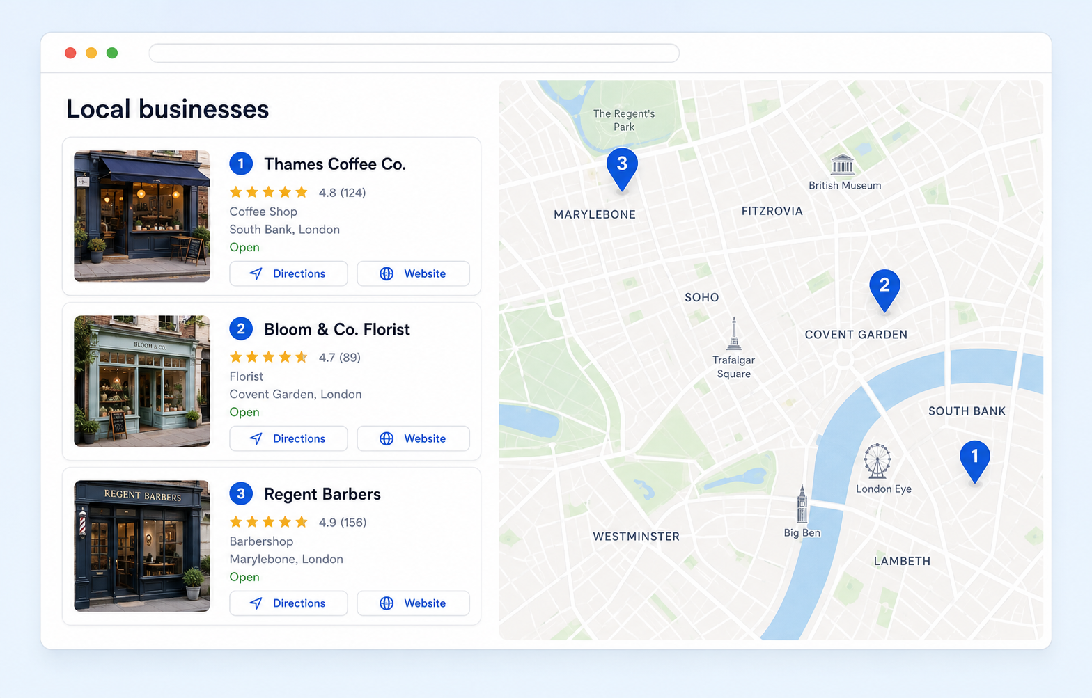 Illustration showing three fictional London businesses in a local search map pack